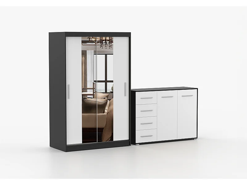 Ensemble armoire Danae et commode Ilario avec miroir - Noir - Blanc