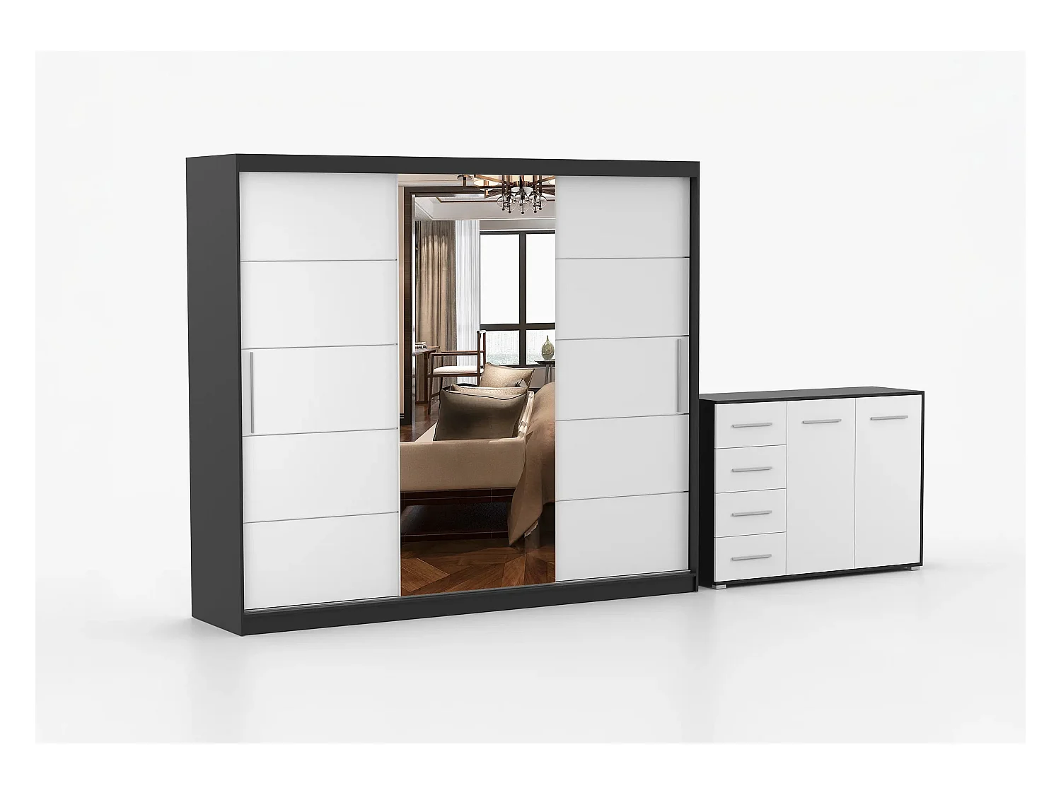 Ensemble armoire Theana et commode Ilario avec miroir - Noir - Blanc