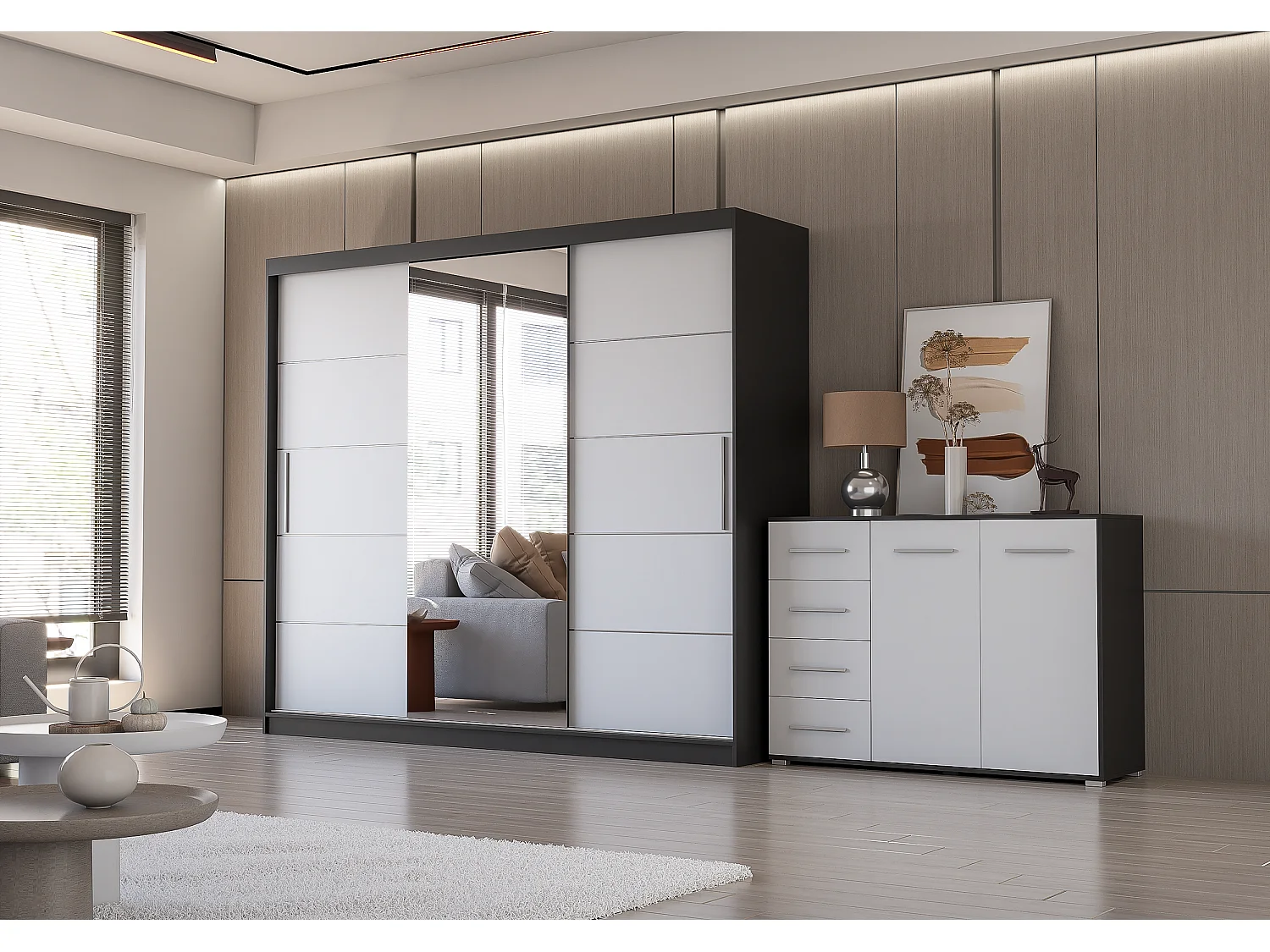 Ensemble armoire Theana et commode Ilario avec miroir - Noir - Blanc