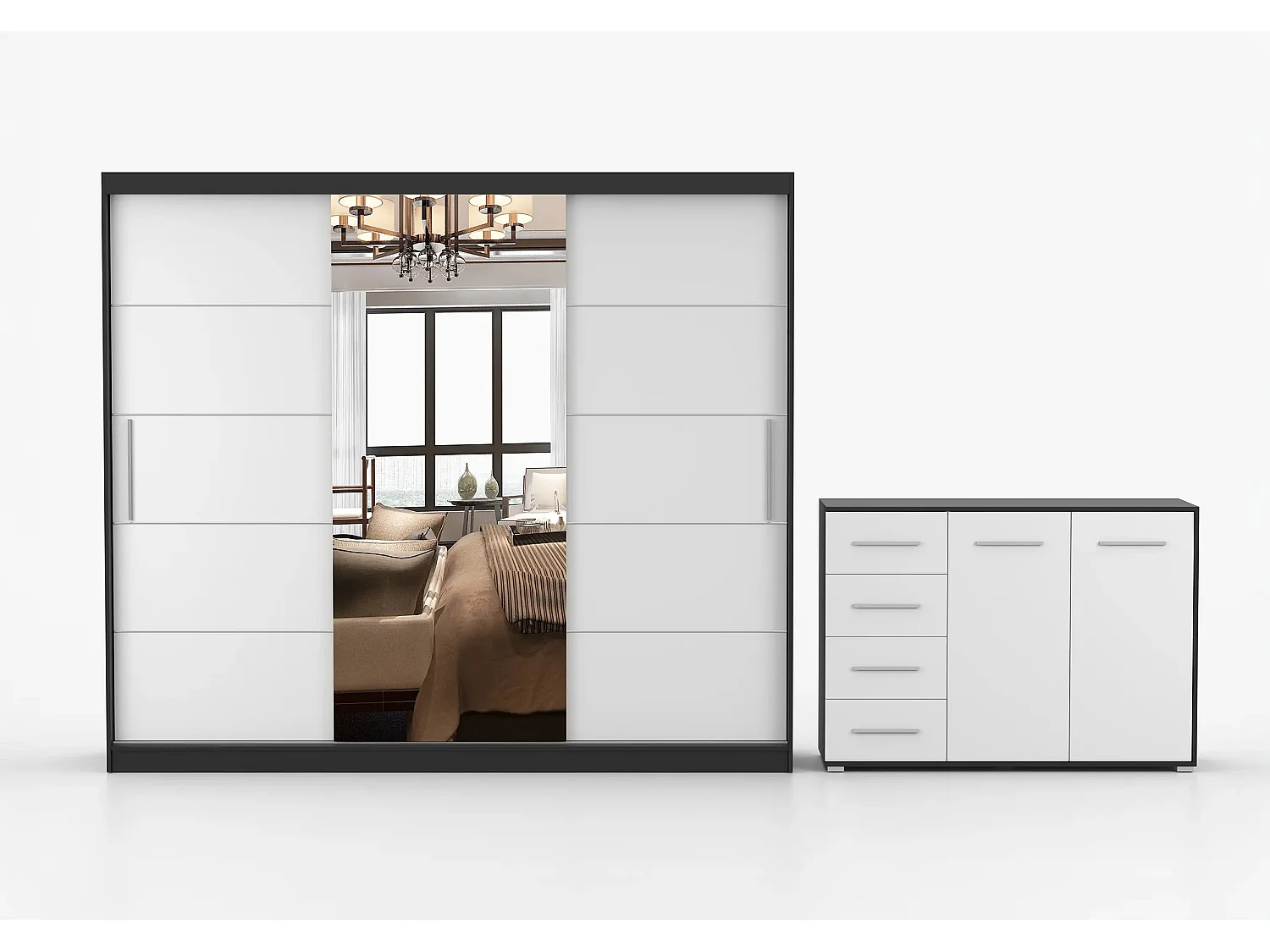 Ensemble armoire Theana et commode Ilario avec miroir - Noir - Blanc