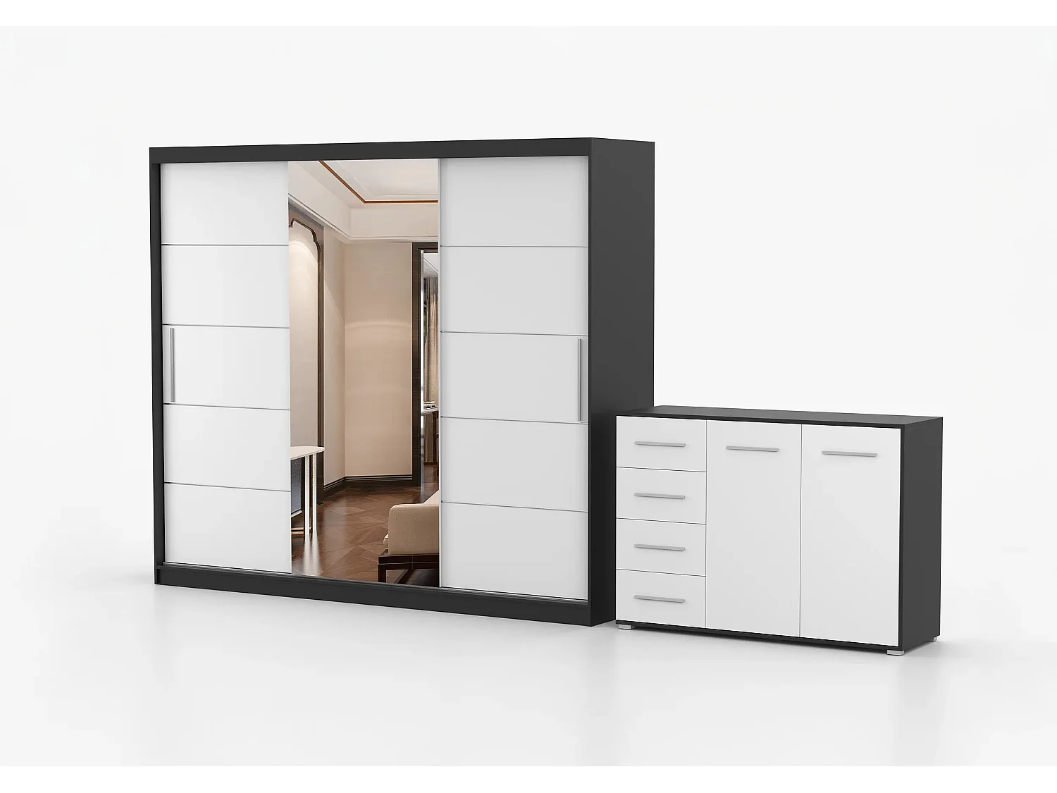 Ensemble armoire Theana et commode Ilario avec miroir - Noir - Blanc