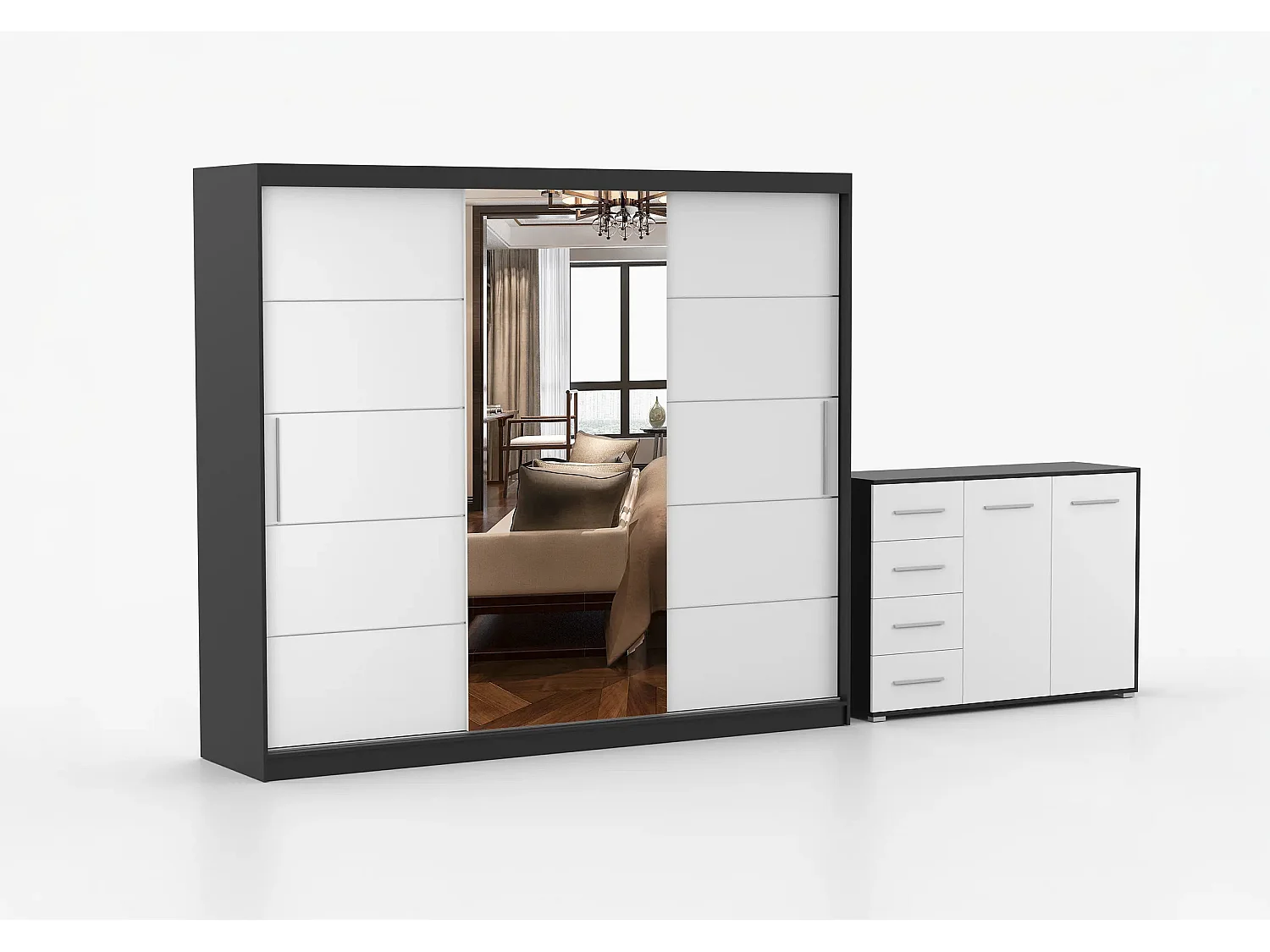 Ensemble armoire Theana et commode Ilario avec miroir - Noir - Blanc