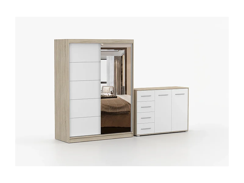 Ensemble armoire Vaiana et commode Ilario avec miroir - Chêne - Blanc