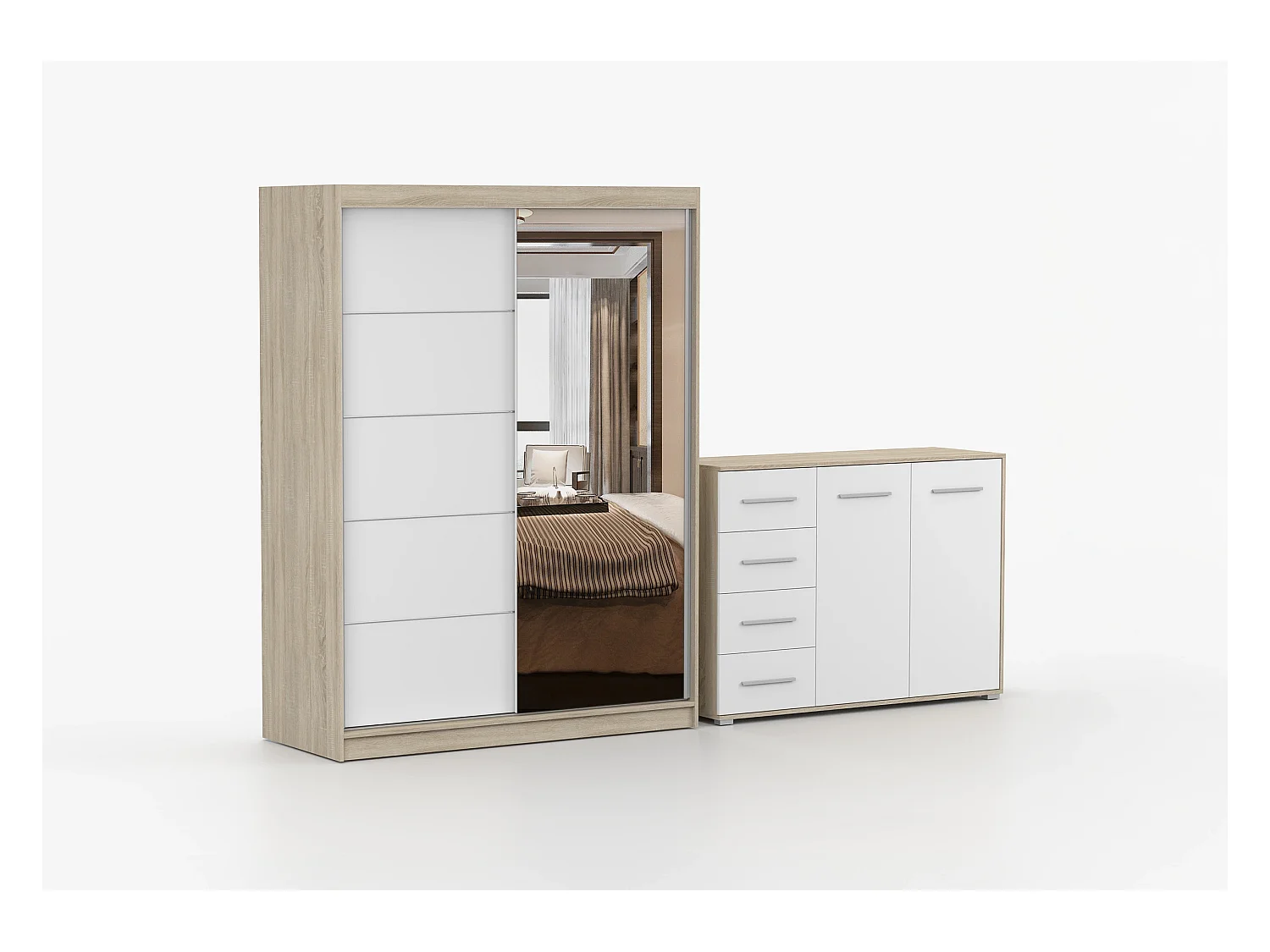 Ensemble armoire Vaiana et commode Ilario avec miroir - Chêne - Blanc