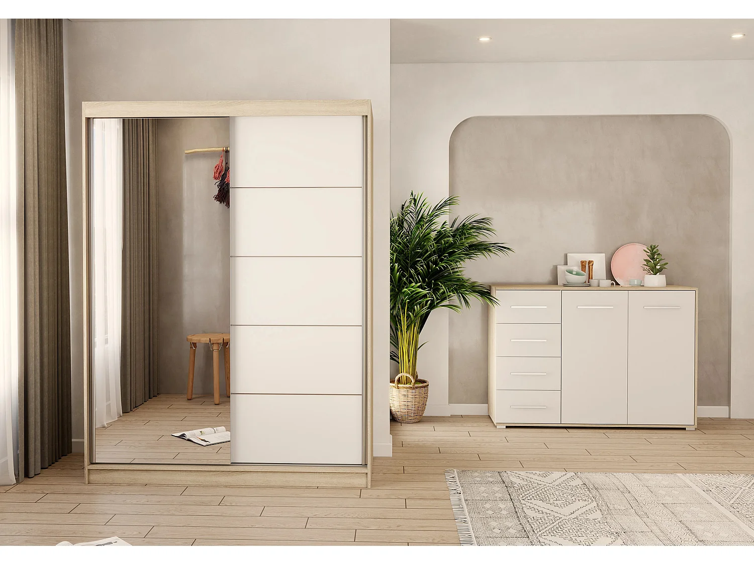 Ensemble armoire Vaiana et commode Ilario avec miroir - Chêne - Blanc