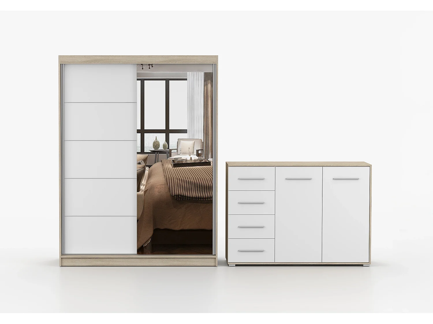 Ensemble armoire Vaiana et commode Ilario avec miroir - Chêne - Blanc