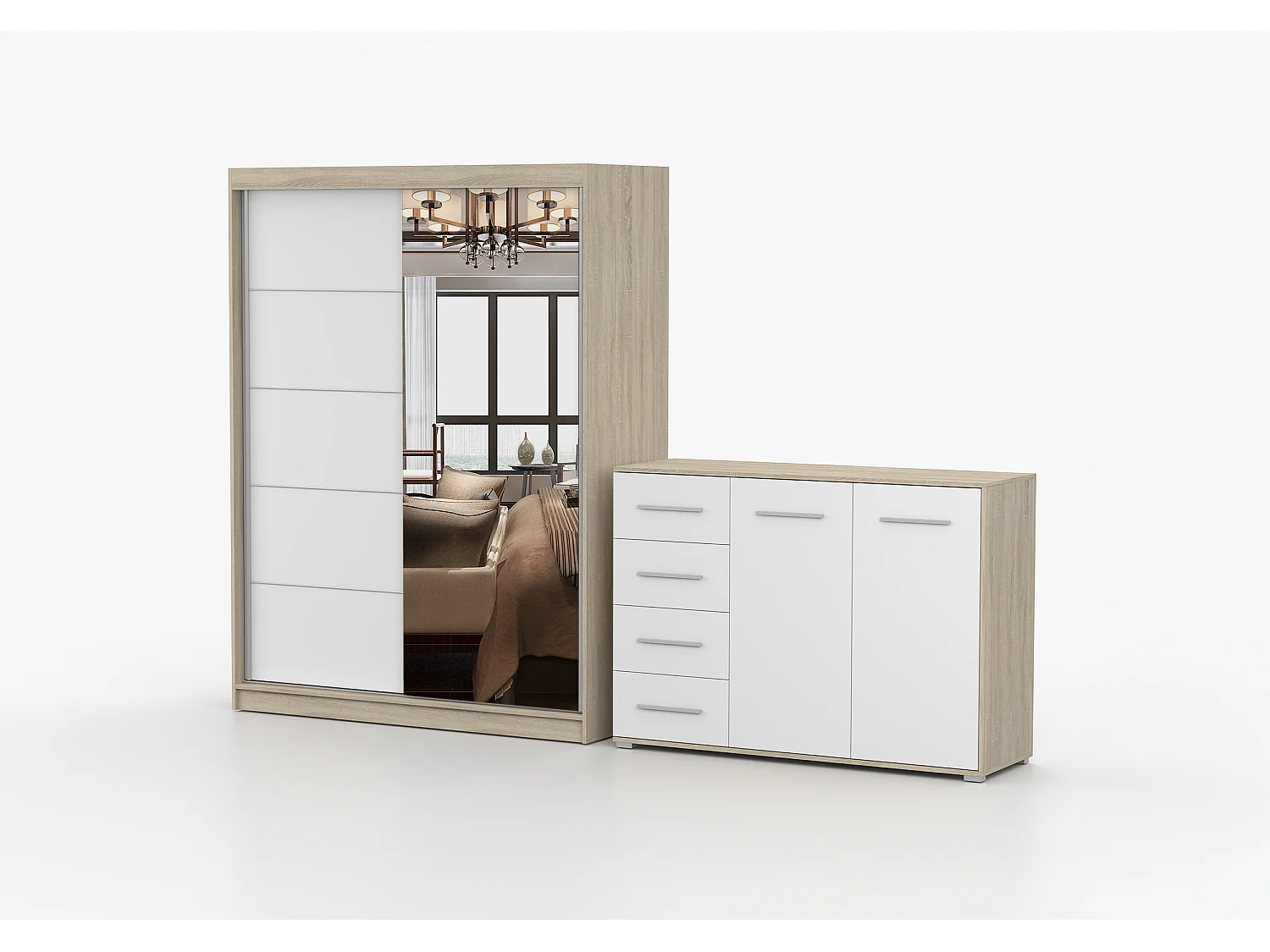 Ensemble armoire Vaiana et commode Ilario avec miroir - Chêne - Blanc