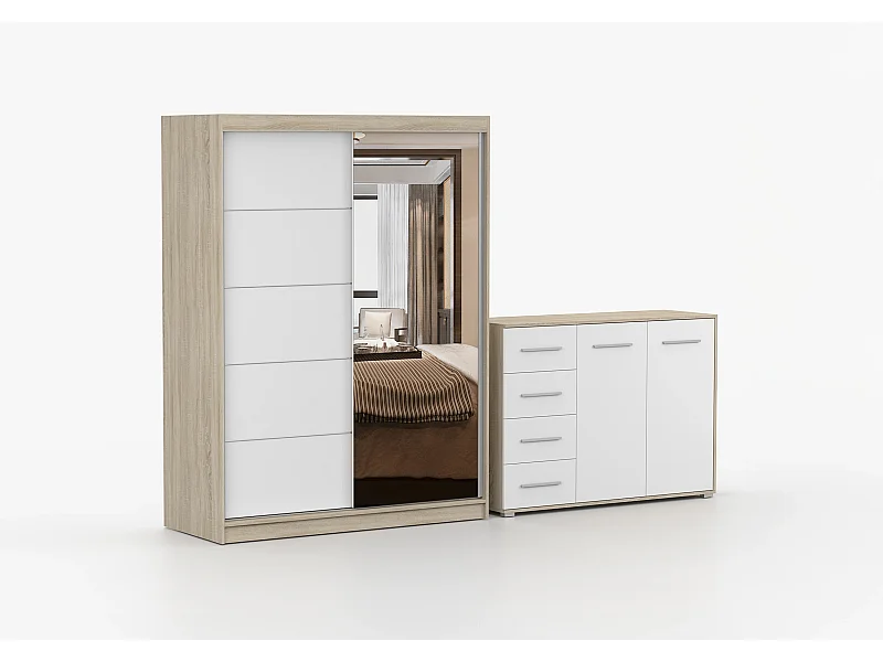 Ensemble armoire Vaiana et commode Ilario avec miroir - Chêne - Blanc