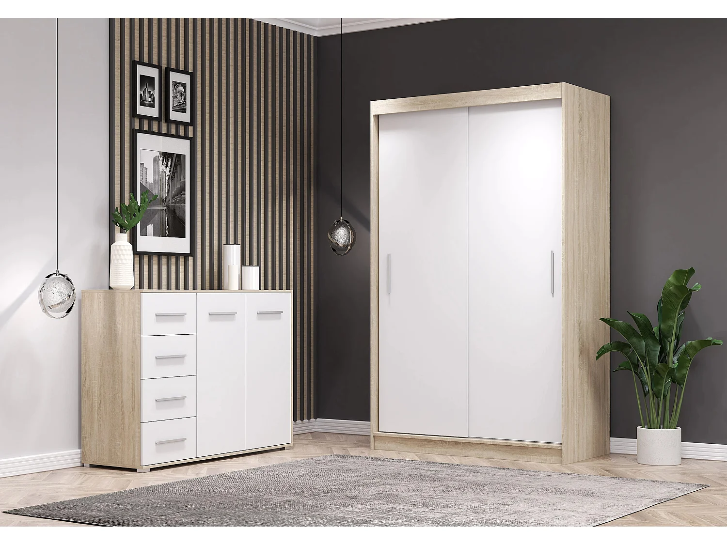 Ensemble armoire Yvae et commode Ilario - Chêne - Blanc