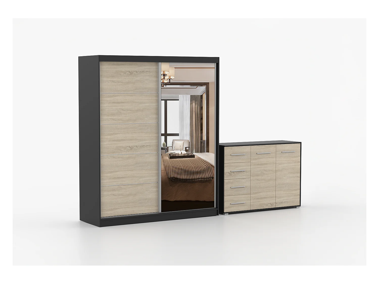 Ensemble armoire Ysalis et commode Ilario avec miroir - Noir - Chêne