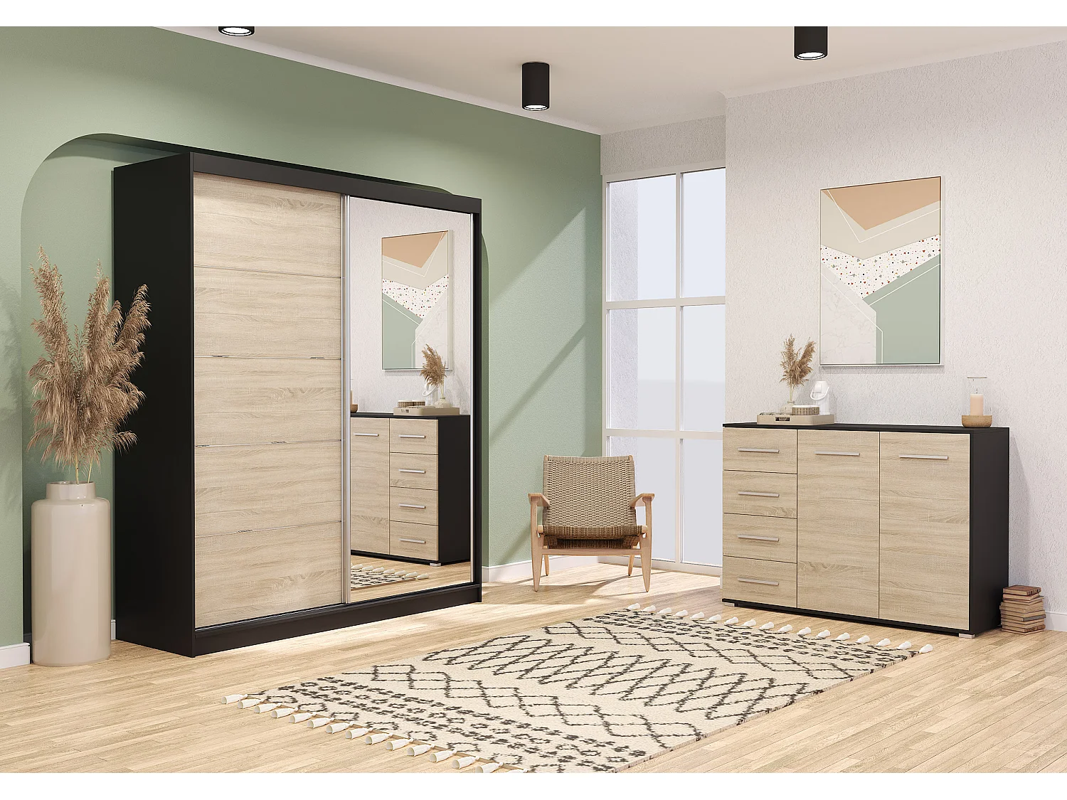 Ensemble armoire Ysalis et commode Ilario avec miroir - Noir - Chêne