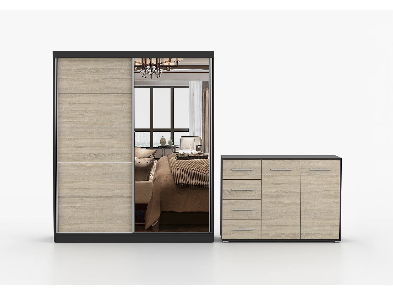 Ensemble armoire Ysalis et commode Ilario avec miroir - Noir - Chêne