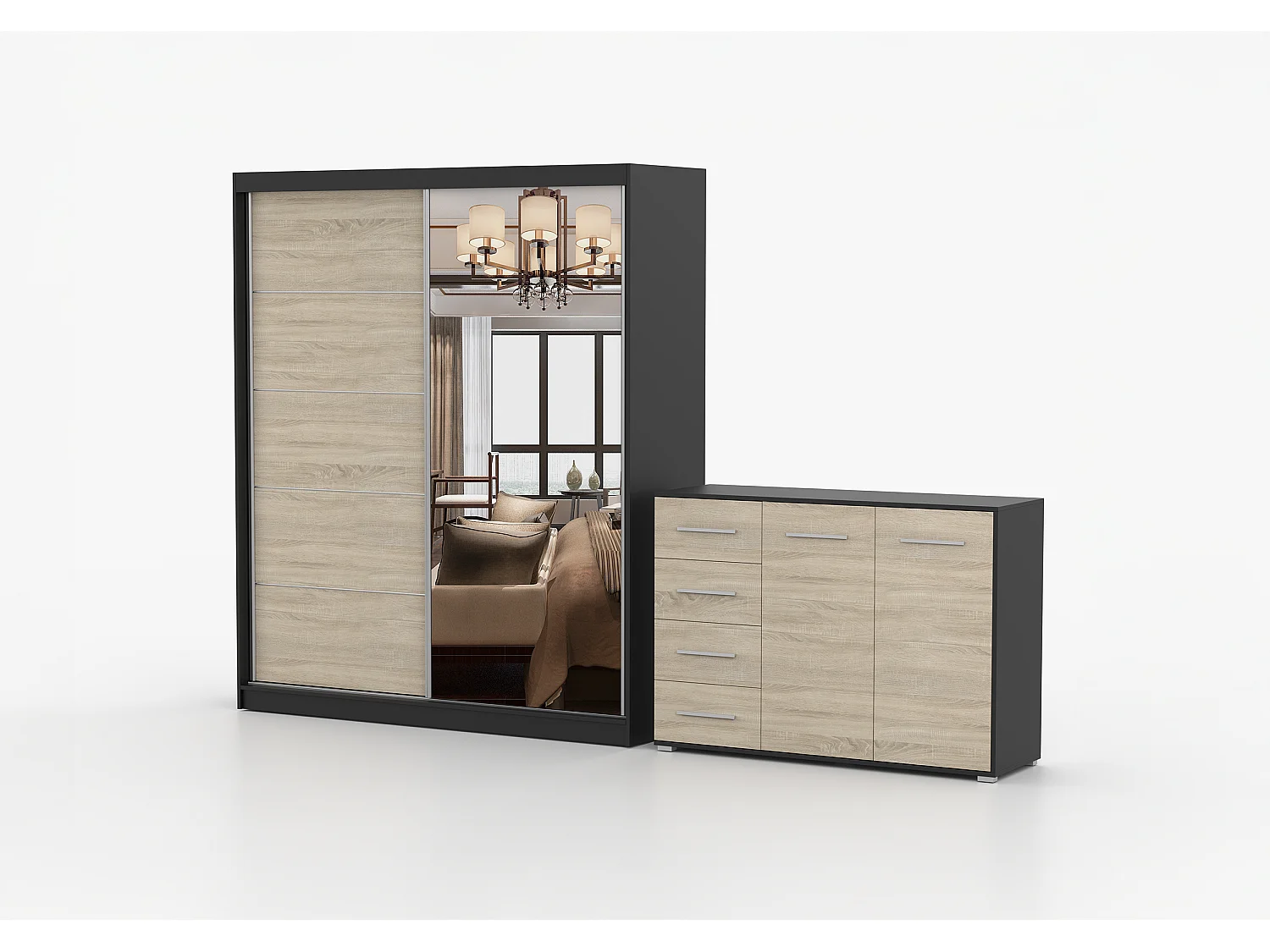 Ensemble armoire Ysalis et commode Ilario avec miroir - Noir - Chêne