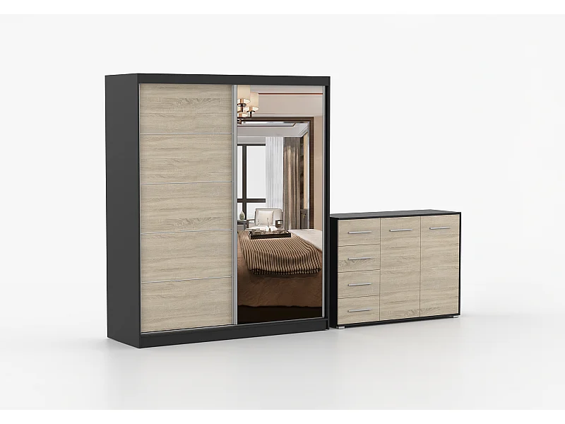 Ensemble armoire Ysalis et commode Ilario avec miroir - Noir - Chêne