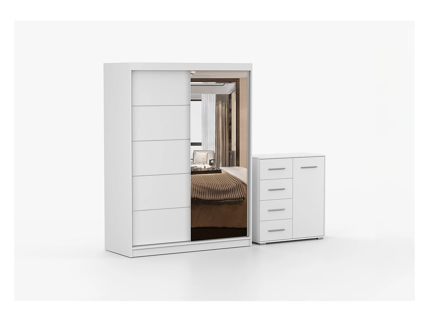Ensemble armoire Vaiana et commode Ilario Chêne - Blanc avec miroir - Blanc