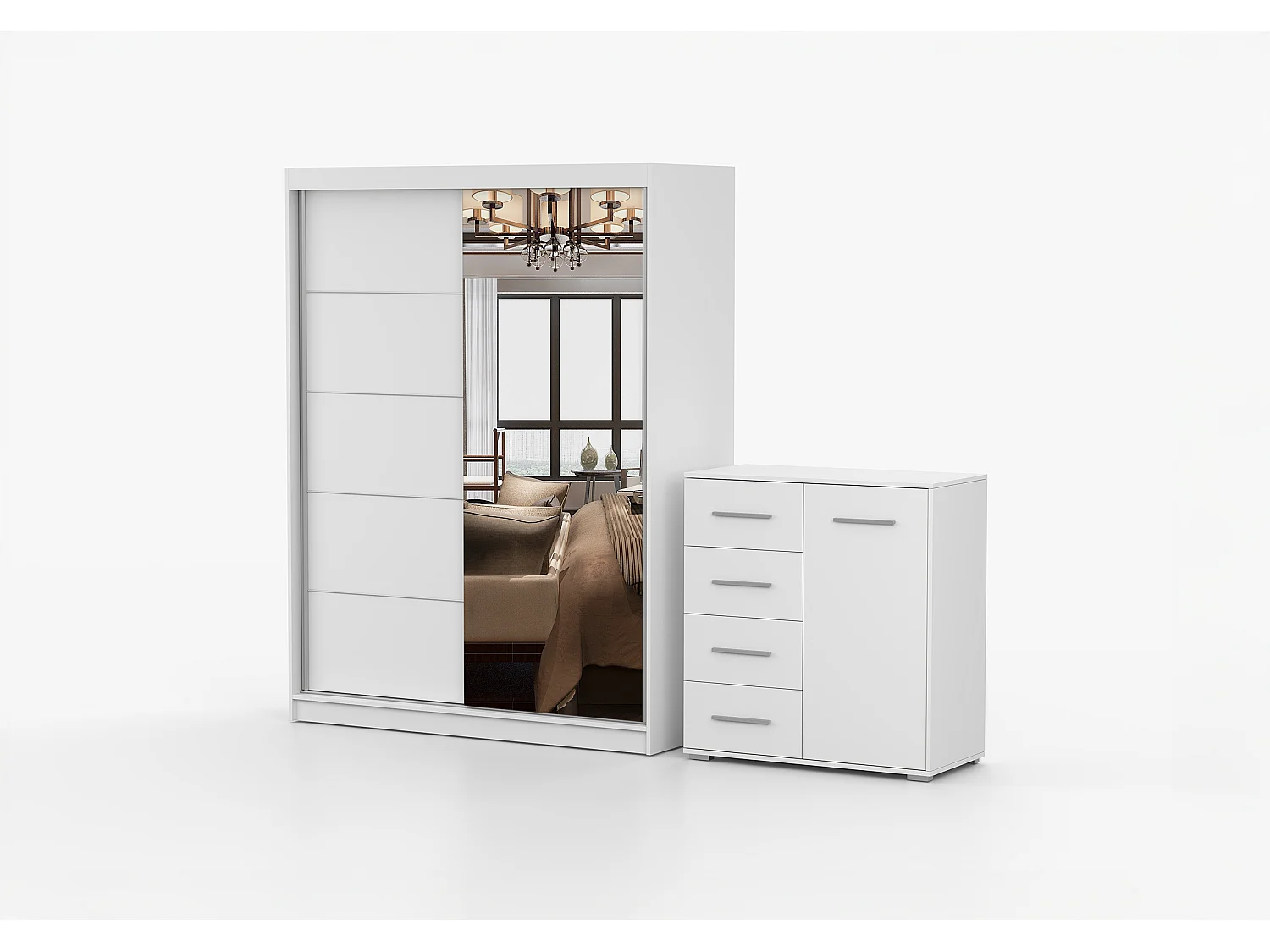 Ensemble armoire Vaiana et commode Ilario Chêne - Blanc avec miroir - Blanc