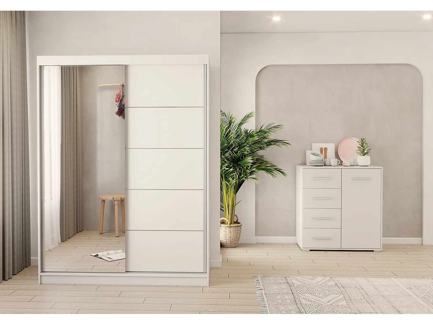 Ensemble armoire Vaiana et commode Ilario Chêne - Blanc avec miroir - Blanc