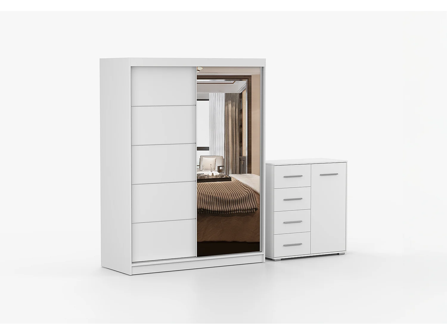 Ensemble armoire Vaiana et commode Ilario Chêne - Blanc avec miroir - Blanc