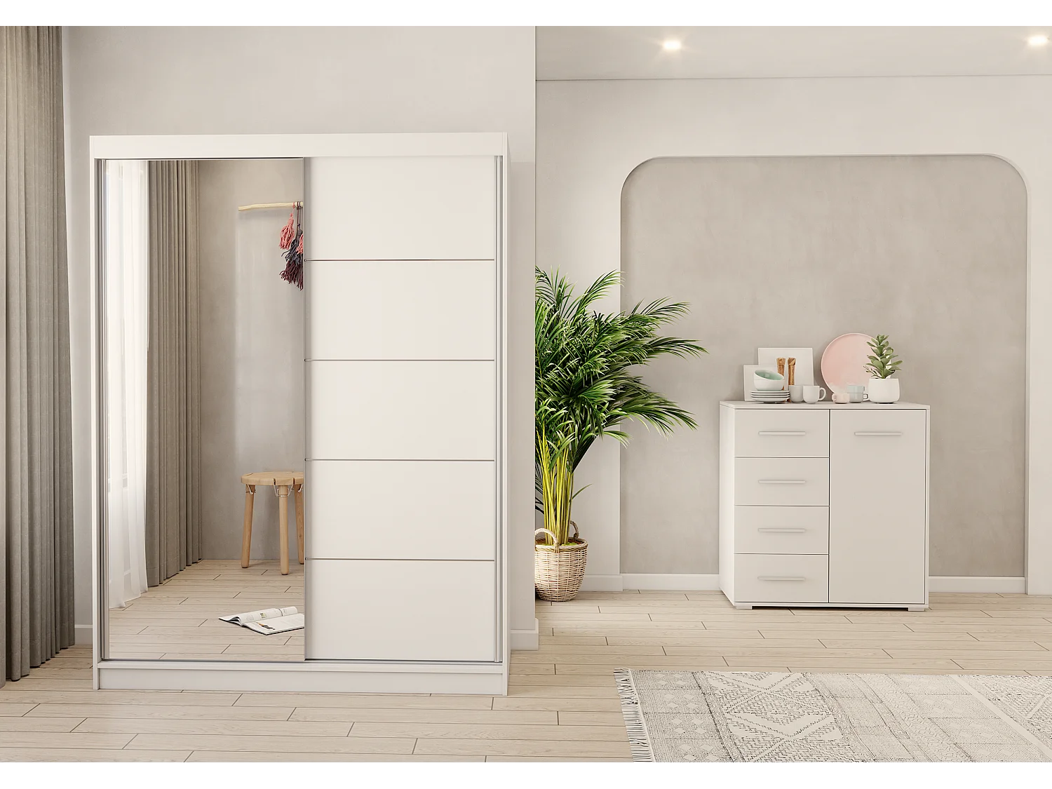 Ensemble armoire Vaiana et commode Ilario Chêne - Blanc avec miroir - Blanc