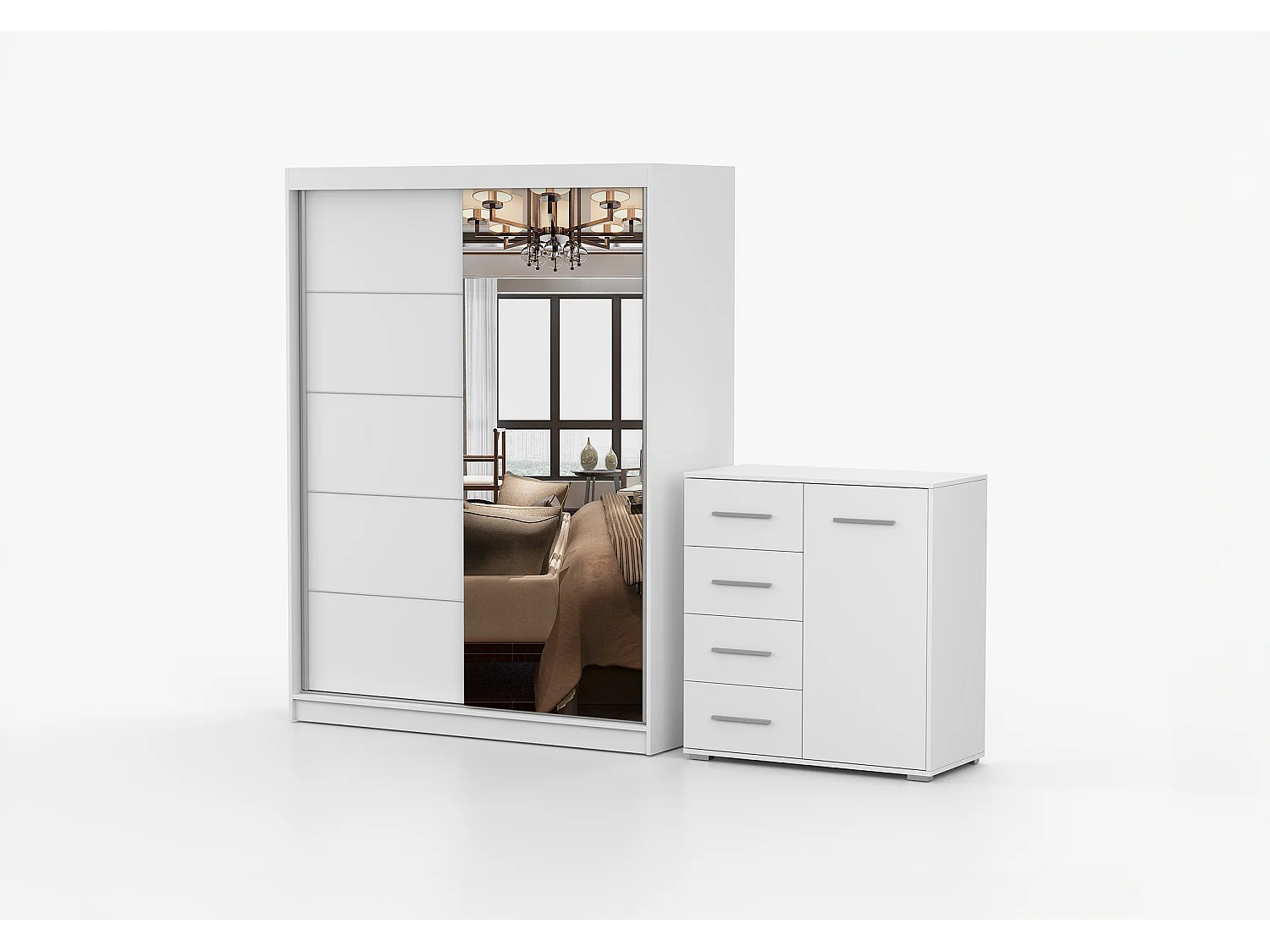 Ensemble armoire Vaiana et commode Ilario Chêne - Blanc avec miroir - Blanc