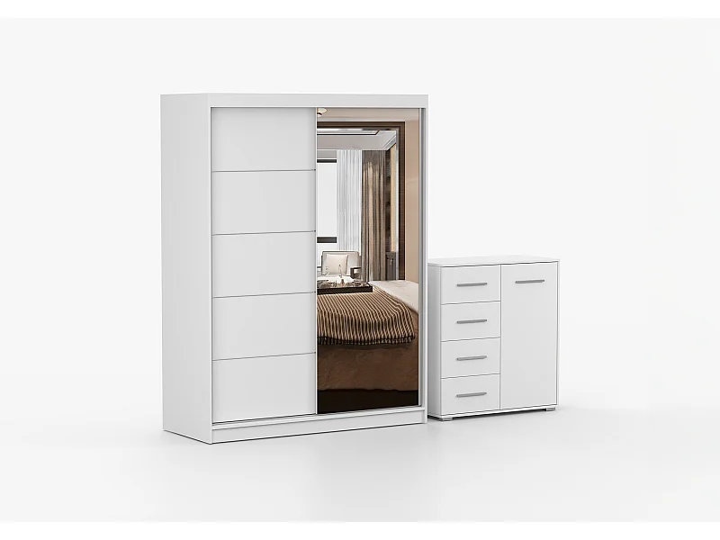 Ensemble armoire Vaiana et commode Ilario Chêne - Blanc avec miroir - Blanc