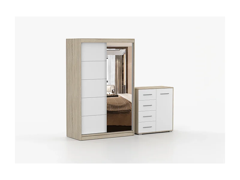 Ensemble armoire Syra et commode Ilario avec miroir - Chêne - Blanc