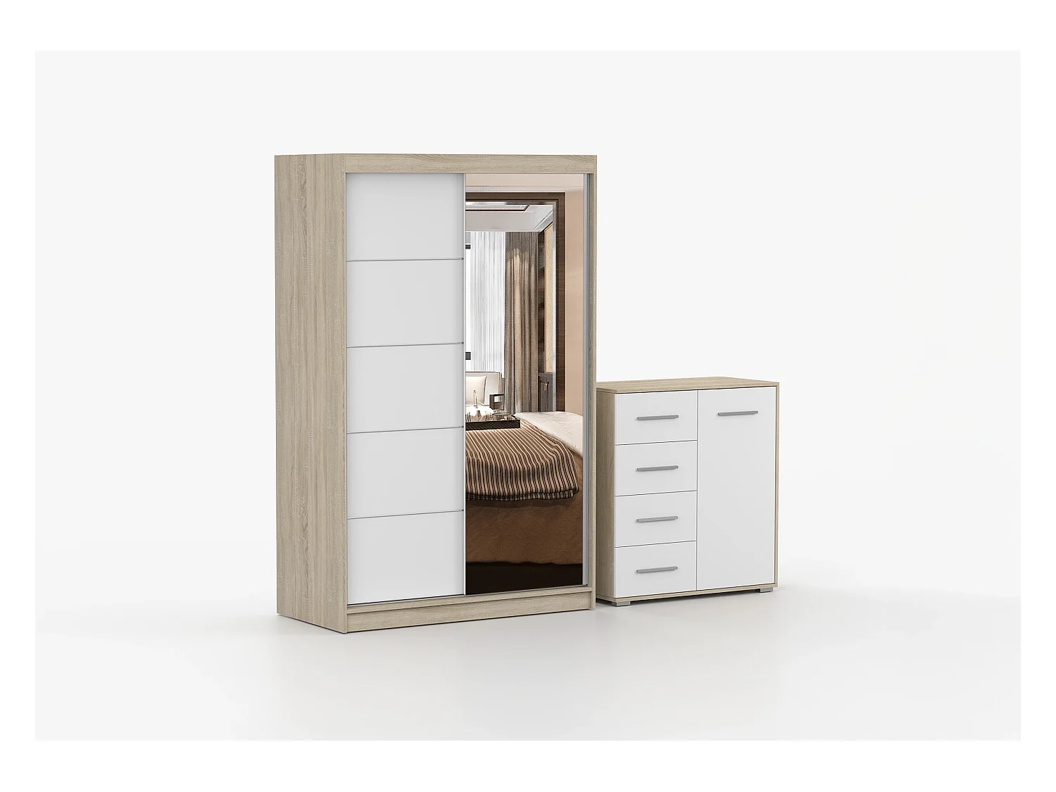 Ensemble armoire Syra et commode Ilario avec miroir - Chêne - Blanc