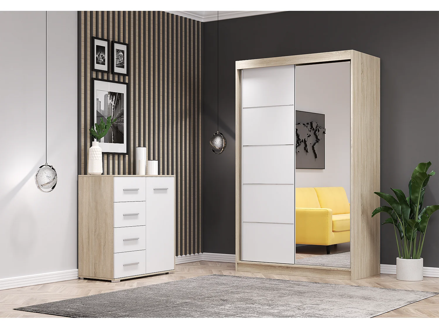 Ensemble armoire Syra et commode Ilario avec miroir - Chêne - Blanc