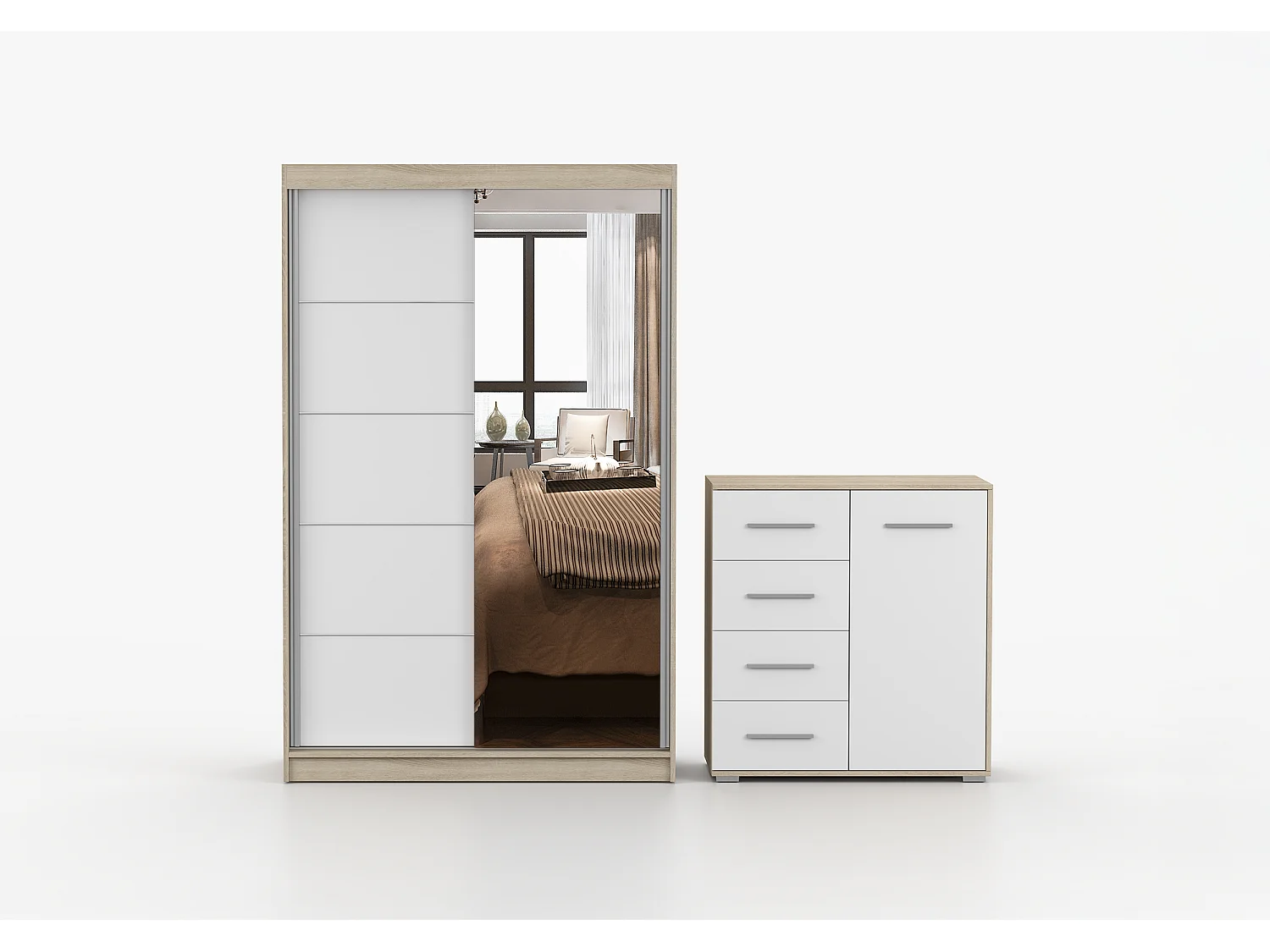 Ensemble armoire Syra et commode Ilario avec miroir - Chêne - Blanc