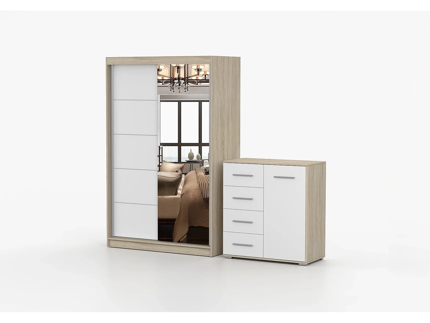 Ensemble armoire Syra et commode Ilario avec miroir - Chêne - Blanc