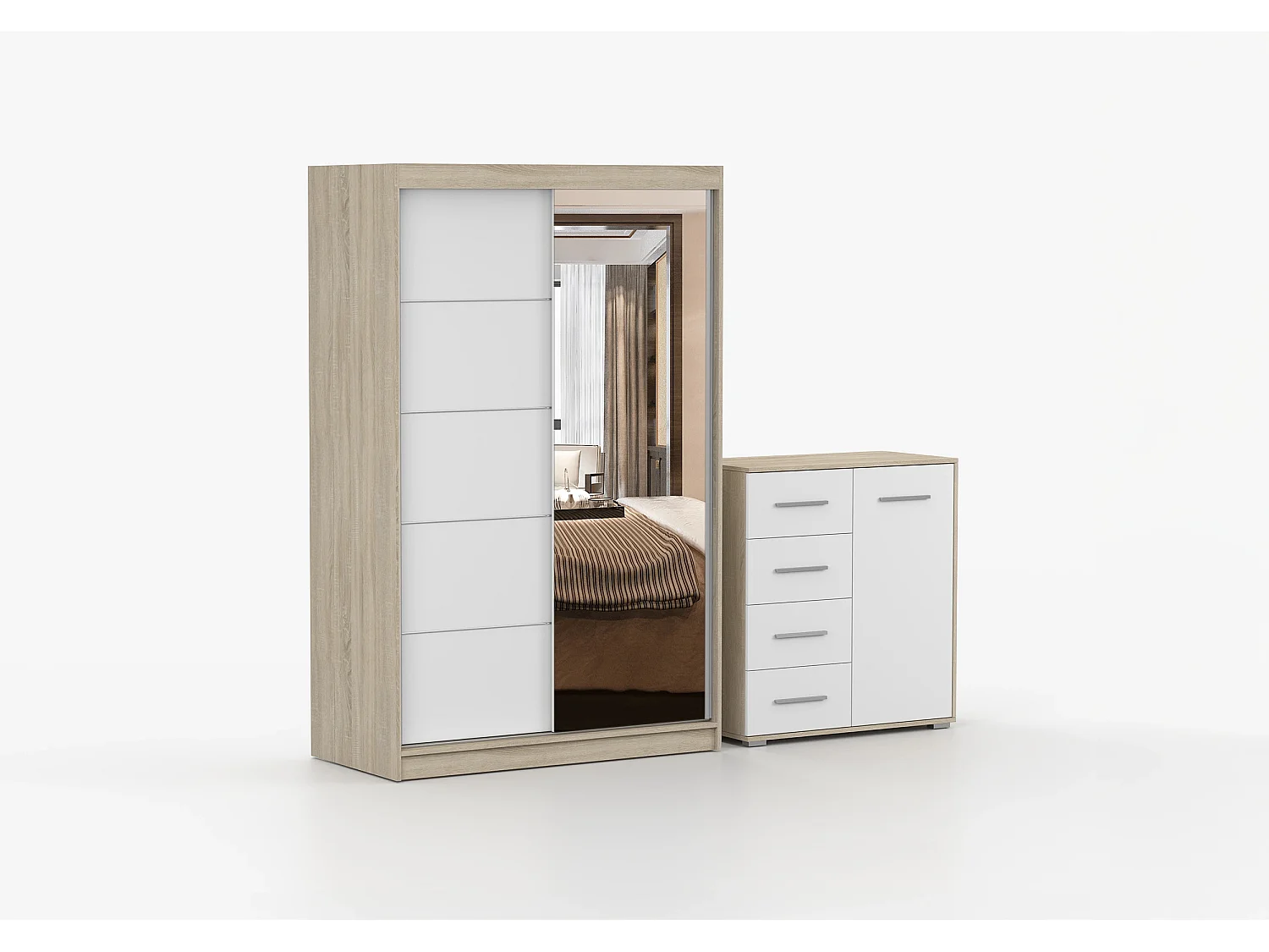 Ensemble armoire Syra et commode Ilario avec miroir - Chêne - Blanc