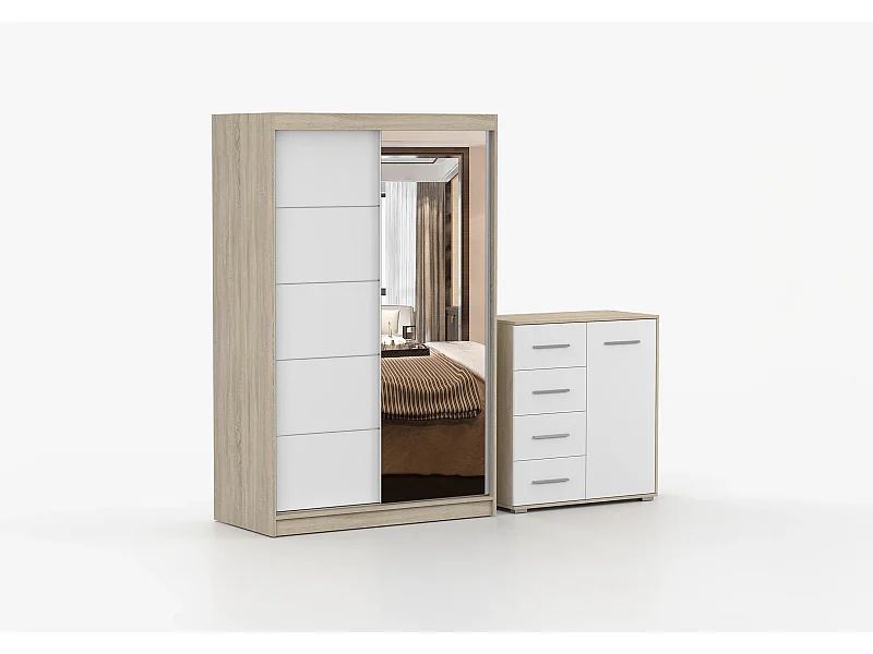 Ensemble armoire Syra et commode Ilario avec miroir - Chêne - Blanc