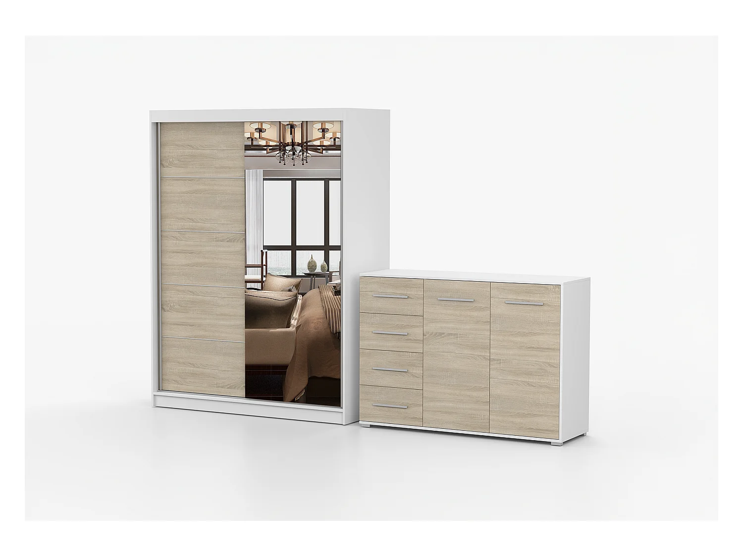 Ensemble armoire Vaiana et commode Ilario avec miroir - Blanc - Chêne