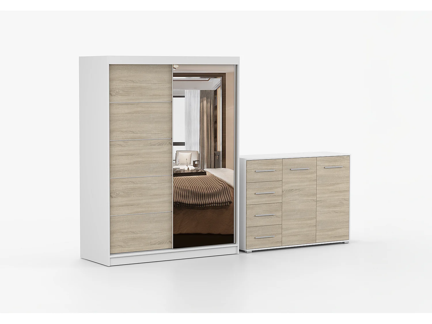 Ensemble armoire Vaiana et commode Ilario avec miroir - Blanc - Chêne