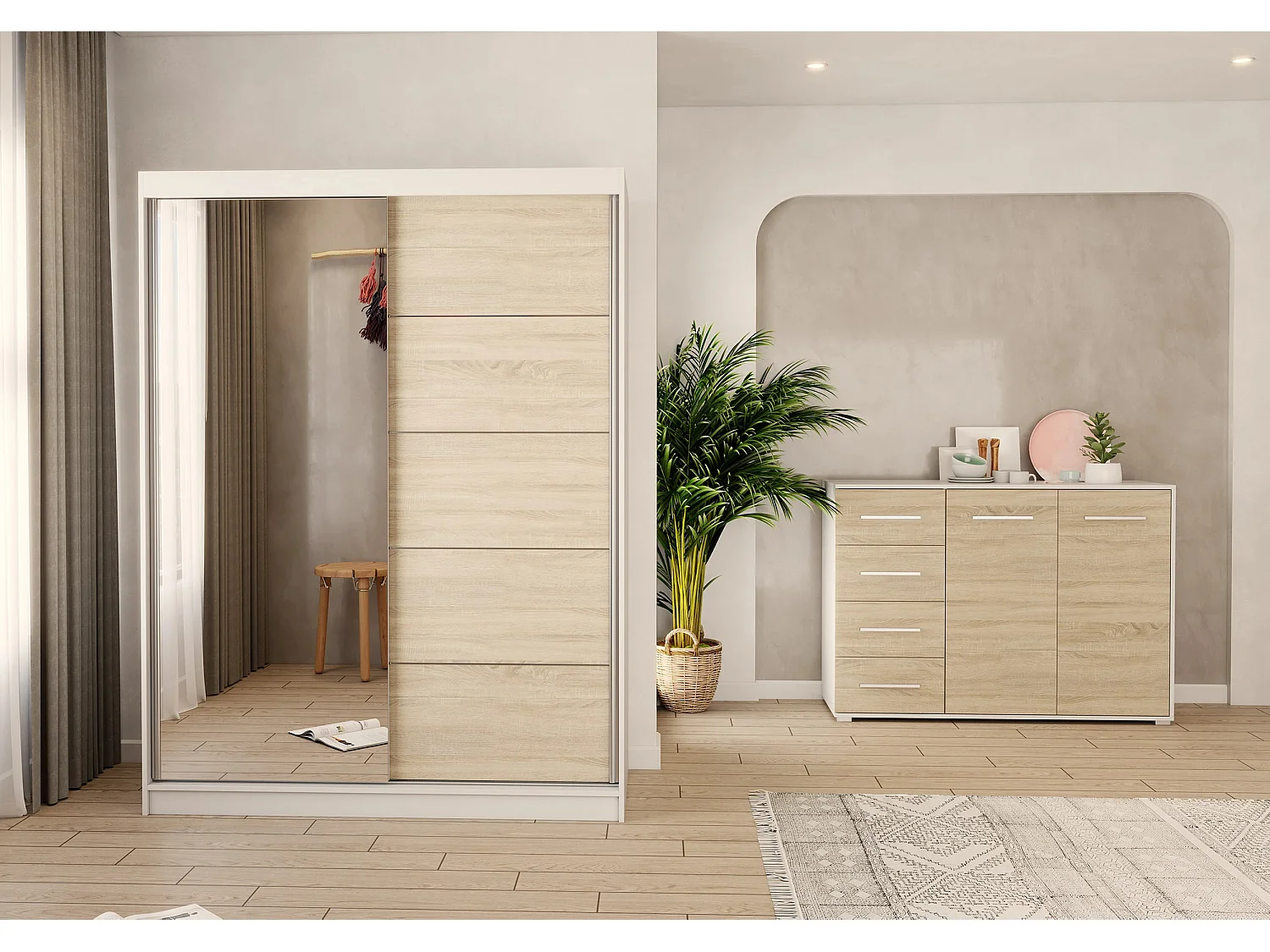 Ensemble armoire Vaiana et commode Ilario avec miroir - Blanc - Chêne