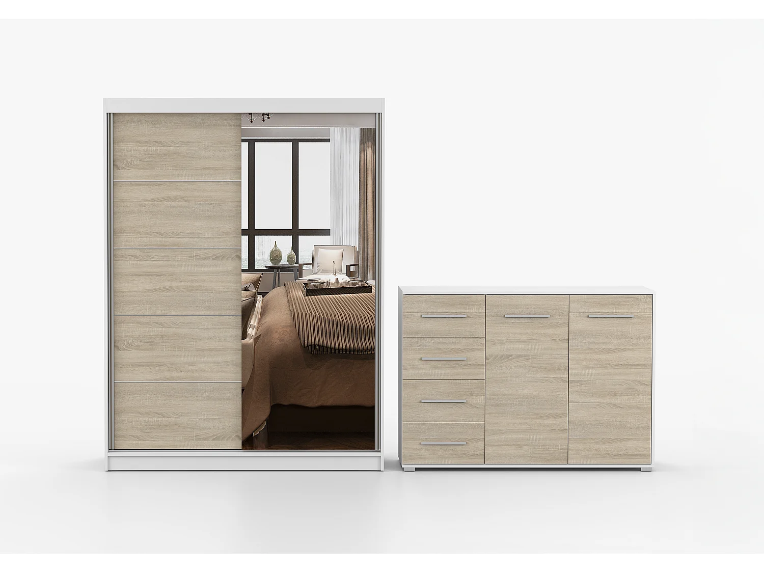 Ensemble armoire Vaiana et commode Ilario-150 avec miroir - Blanc - Chêne