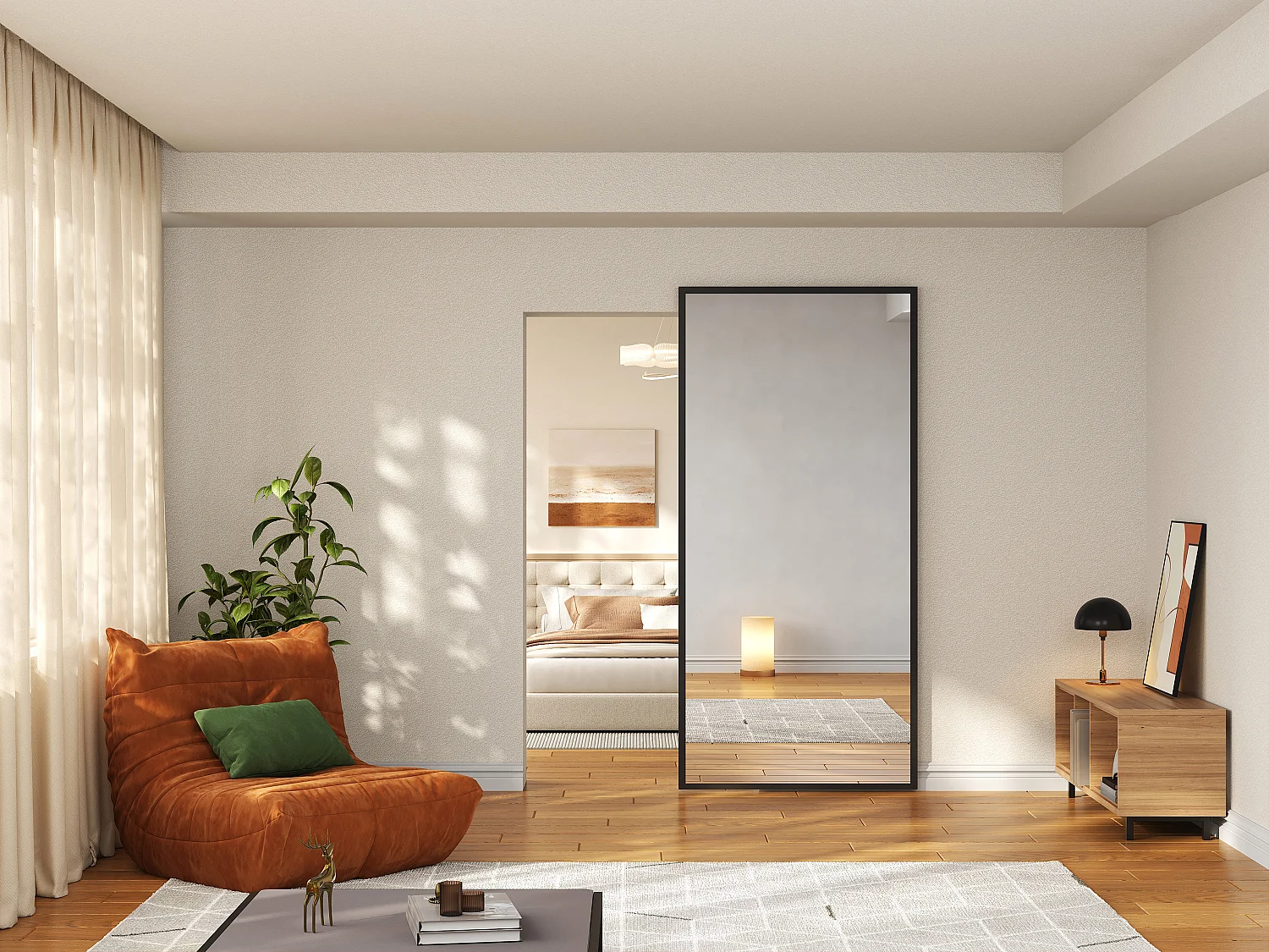 Porte coulissante miroir en aluminium et MDF avec rail invisible - 83 x 210 cm - LADANO