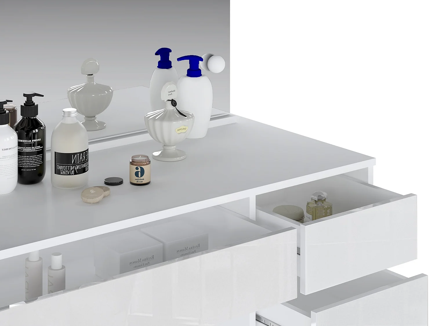 Tocador con espejo LED - 5 cajones - Blanco brillante - JENEMI