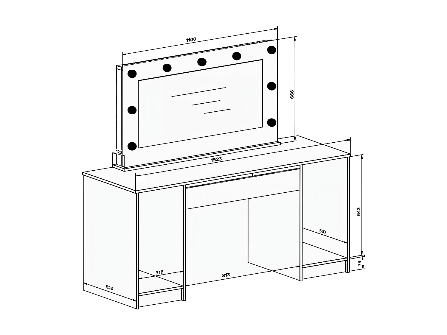 Doppelschminktisch mit LED‑Spiegel - mit 9 Schubladen - - Weiß Hochglanz - JENEMI