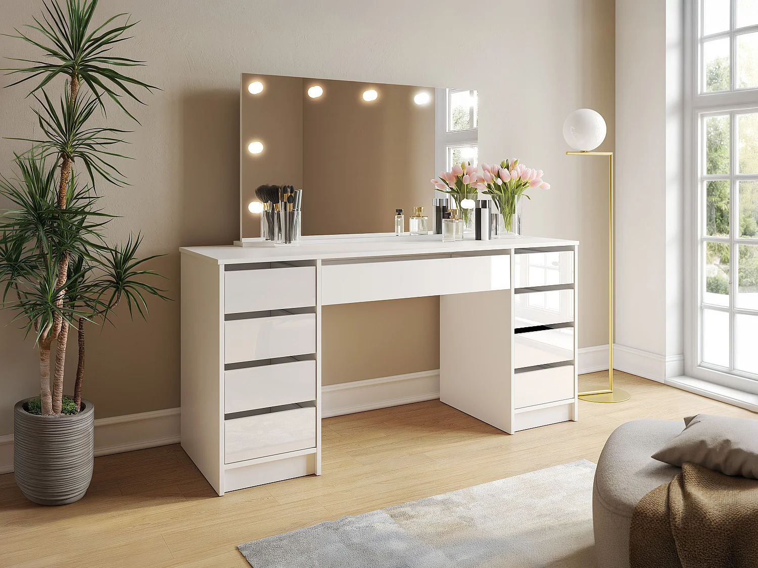 Coiffeuse double avec miroir à LEDs - 9 tiroirs - Blanc brillant - JENEMI
