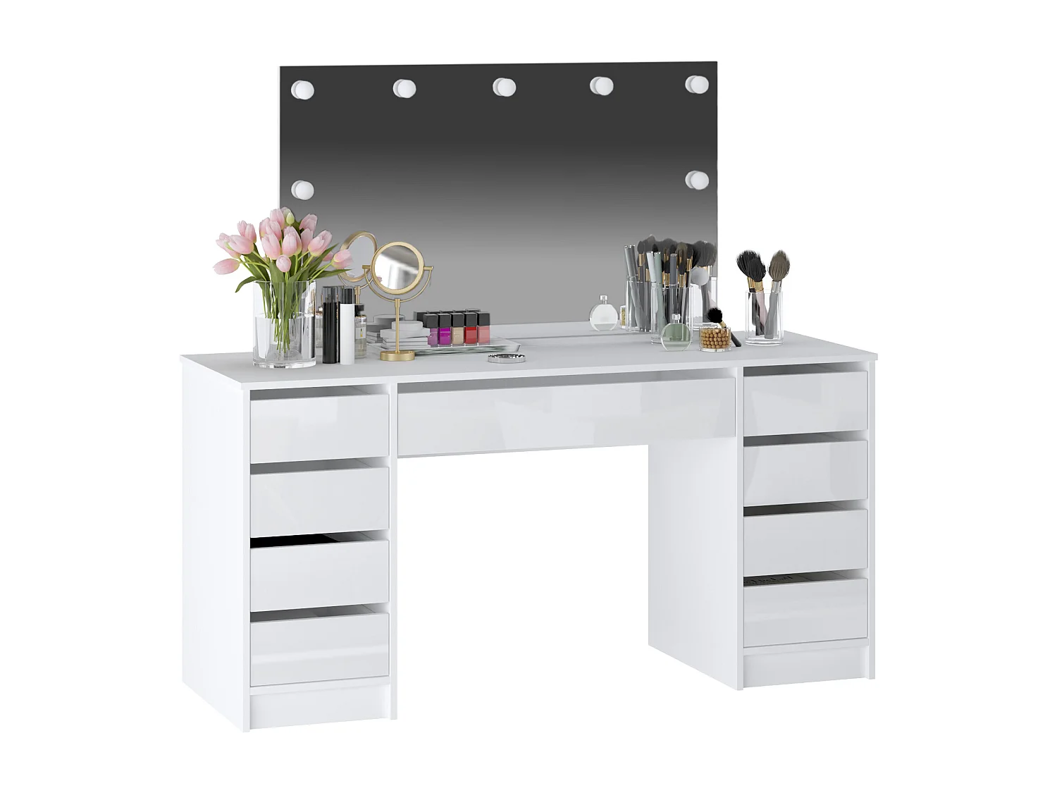 Coiffeuse double avec miroir à LEDs - 9 tiroirs - Blanc brillant - JENEMI