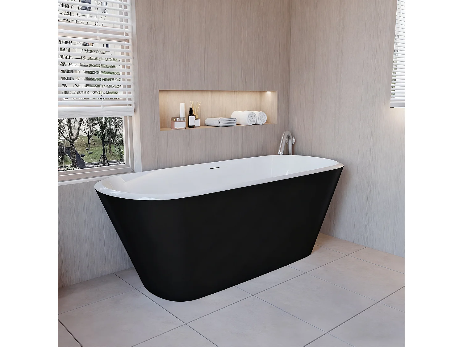 Baignoire îlot ovale bicolore - 280L - 170x78x60 cm - intérieur blanc + extérieur noir mat - Design moderne en acrylique