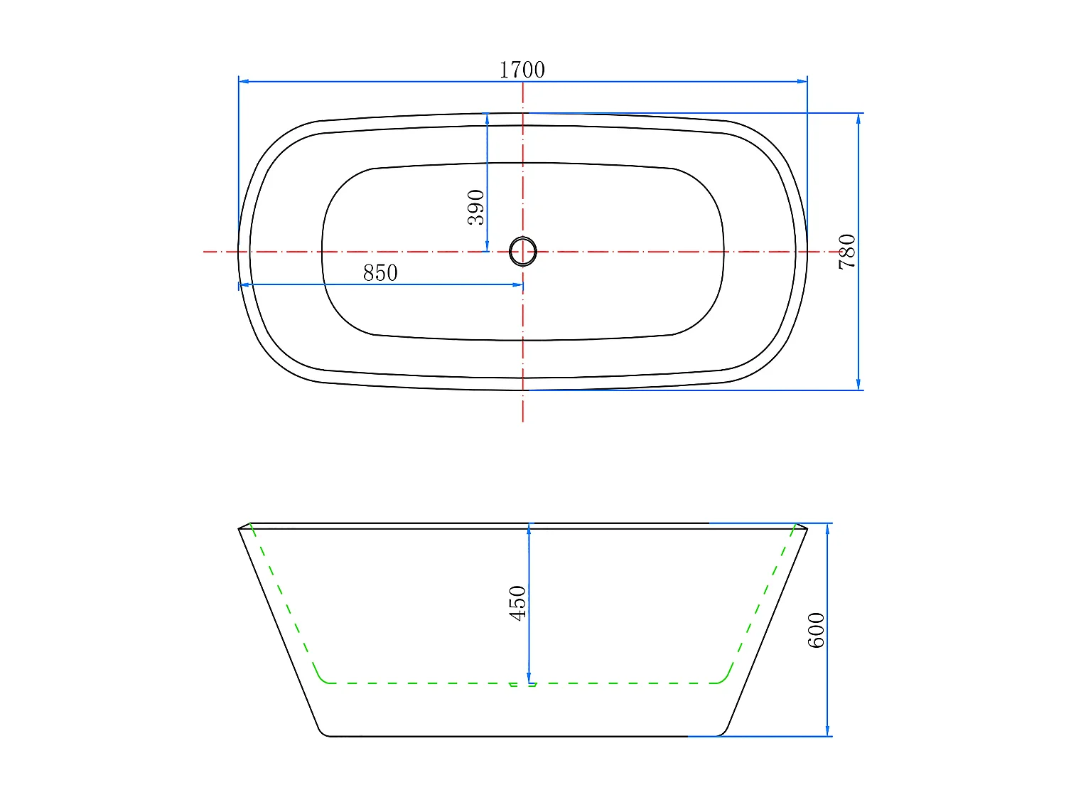 Baignoire îlot ovale bicolore - 280L - 170x78x60 cm - intérieur blanc + extérieur noir mat - Design moderne en acrylique