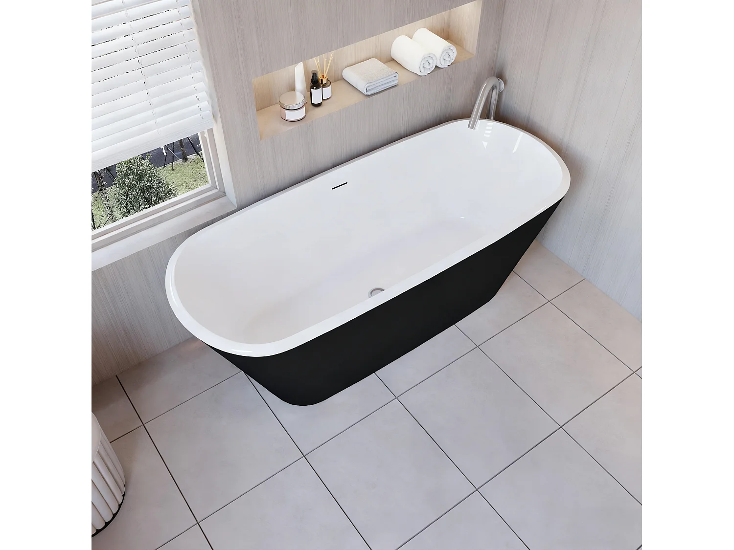 Baignoire îlot ovale bicolore - 280L - 170x78x60 cm - intérieur blanc + extérieur noir mat - Design moderne en acrylique