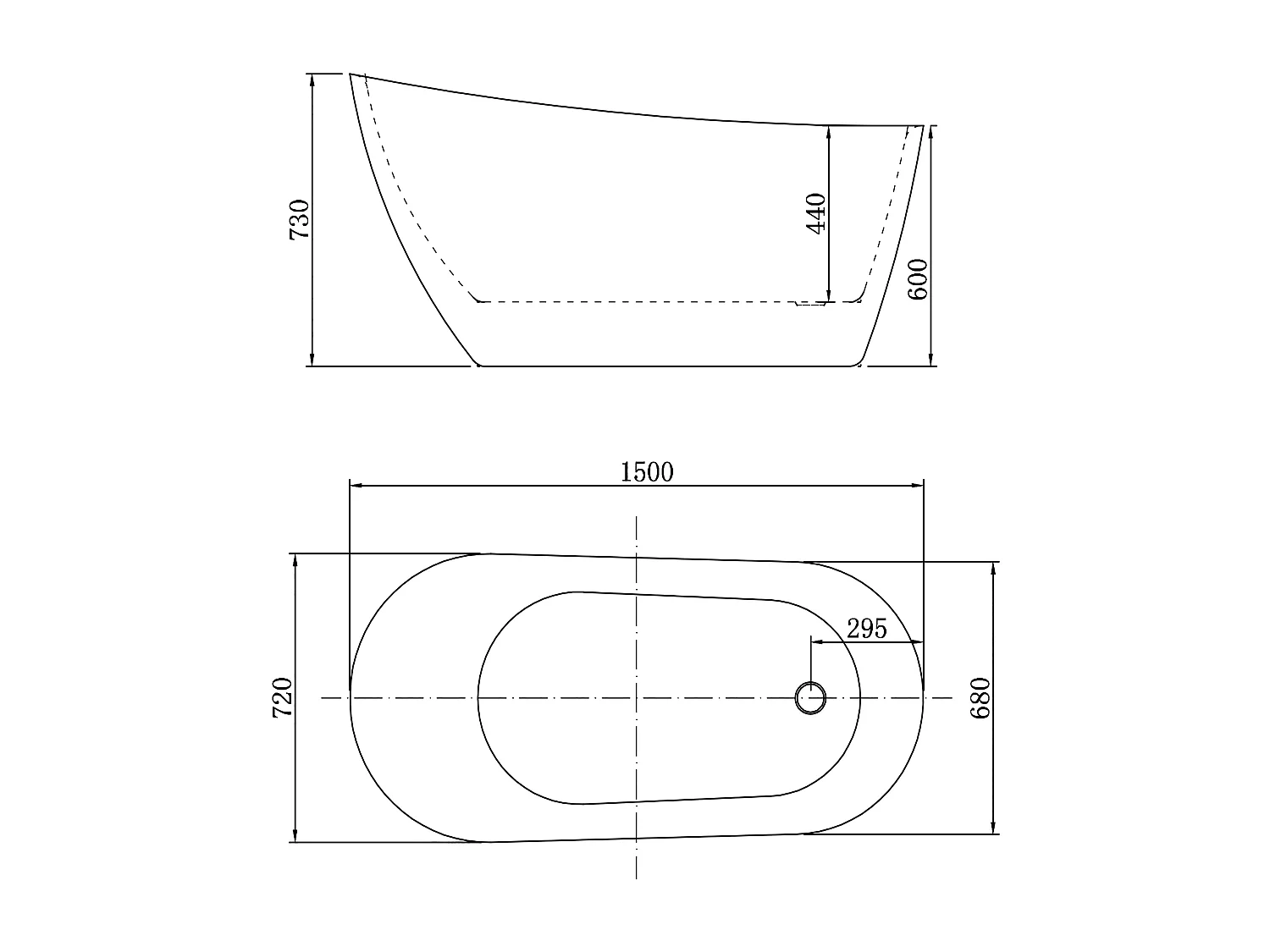 Baignoire îlot design en acrylique - 230L - 150 x 72 x 73cm - Confort ergonomique et élégance moderne - avec Bonde et trop plein