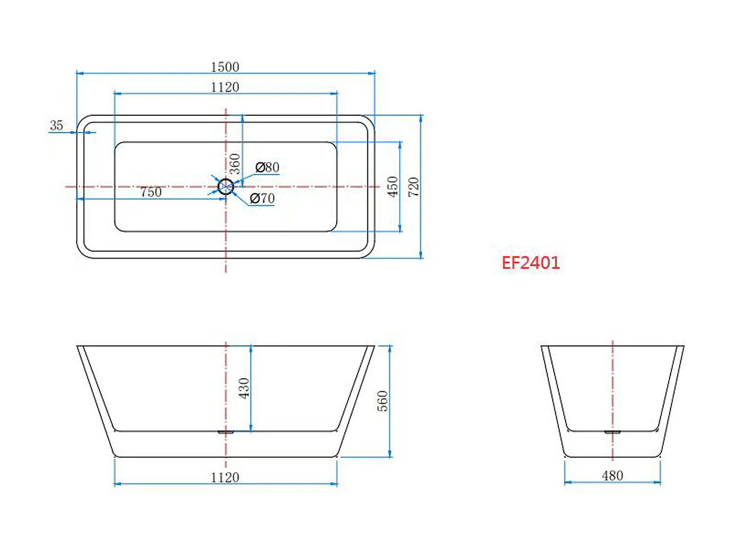 Baignoire îlot design en acrylique - 250L - 150 x 72 x 56cm - Confort ergonomique et élégance moderne - avec Bonde et trop plein