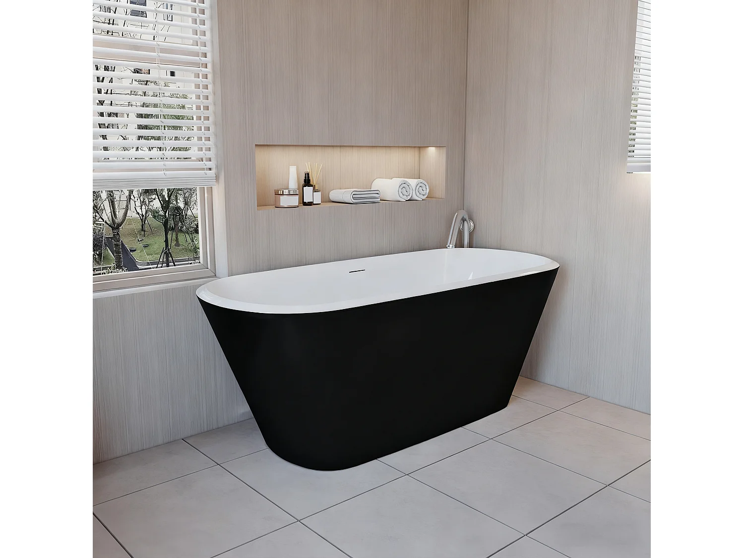 Baignoire îlot ovale bicolore - 260L - 160x73x60 cm - intérieur blanc - extérieur noir mat - Design moderne en acrylique