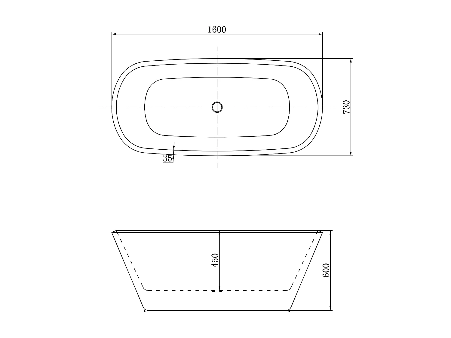 Baignoire îlot ovale bicolore - 260L - 160x73x60 cm - intérieur blanc - extérieur noir mat - Design moderne en acrylique