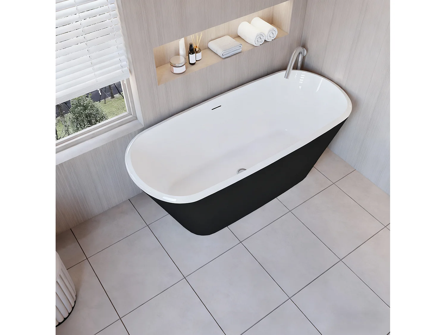 Baignoire îlot ovale bicolore - 260L - 160x73x60 cm - intérieur blanc - extérieur noir mat - Design moderne en acrylique