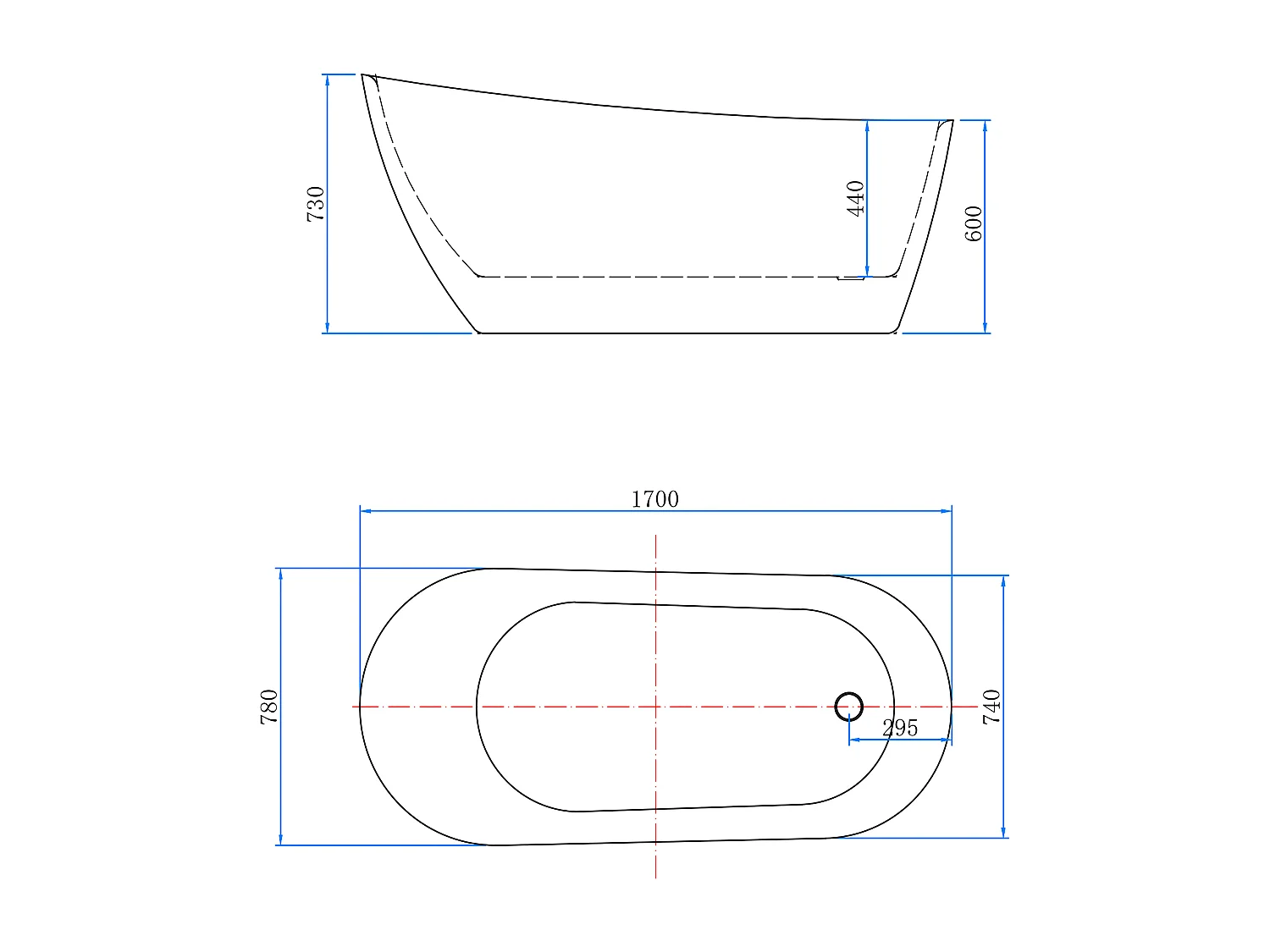 Baignoire îlot design en acrylique - 280L - 170 x 78 x 73cm - Confort ergonomique et élégance moderne - avec Bonde et trop plein